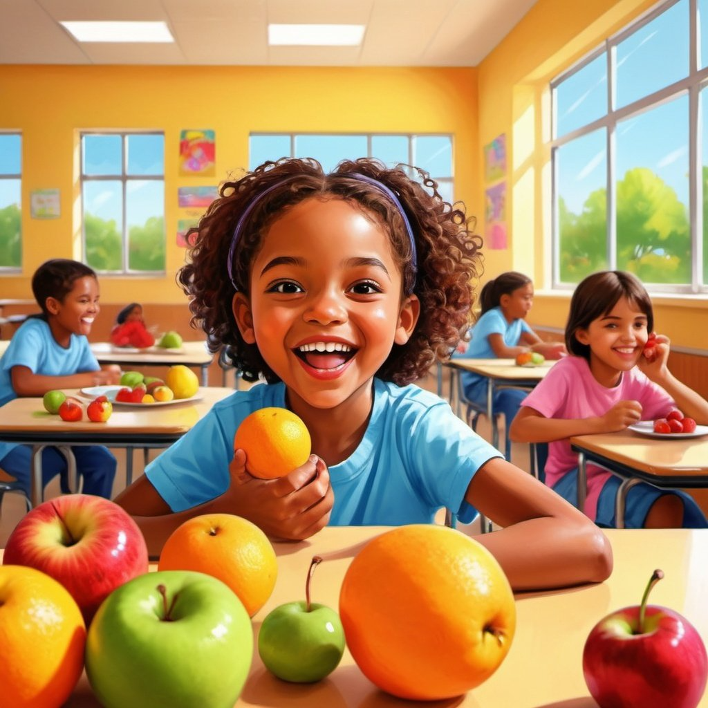 Criança comendo uma laranja de forma completamente nutricional, Nutrição.