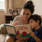 Mãe sentada no sofá com o seu filho lendo o livro O Tomate Que Faz Parte, uma história educativa do Nutriland que aproxima as crianças dos alimentos com leveza.
